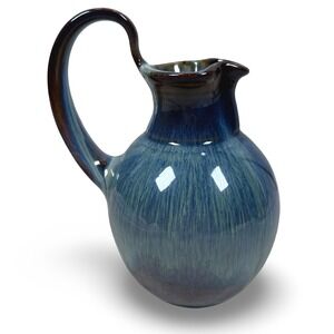 Bill Campbell Pottery Blue Brown Drip Glaze Stoneware Pitcher Arched Handle